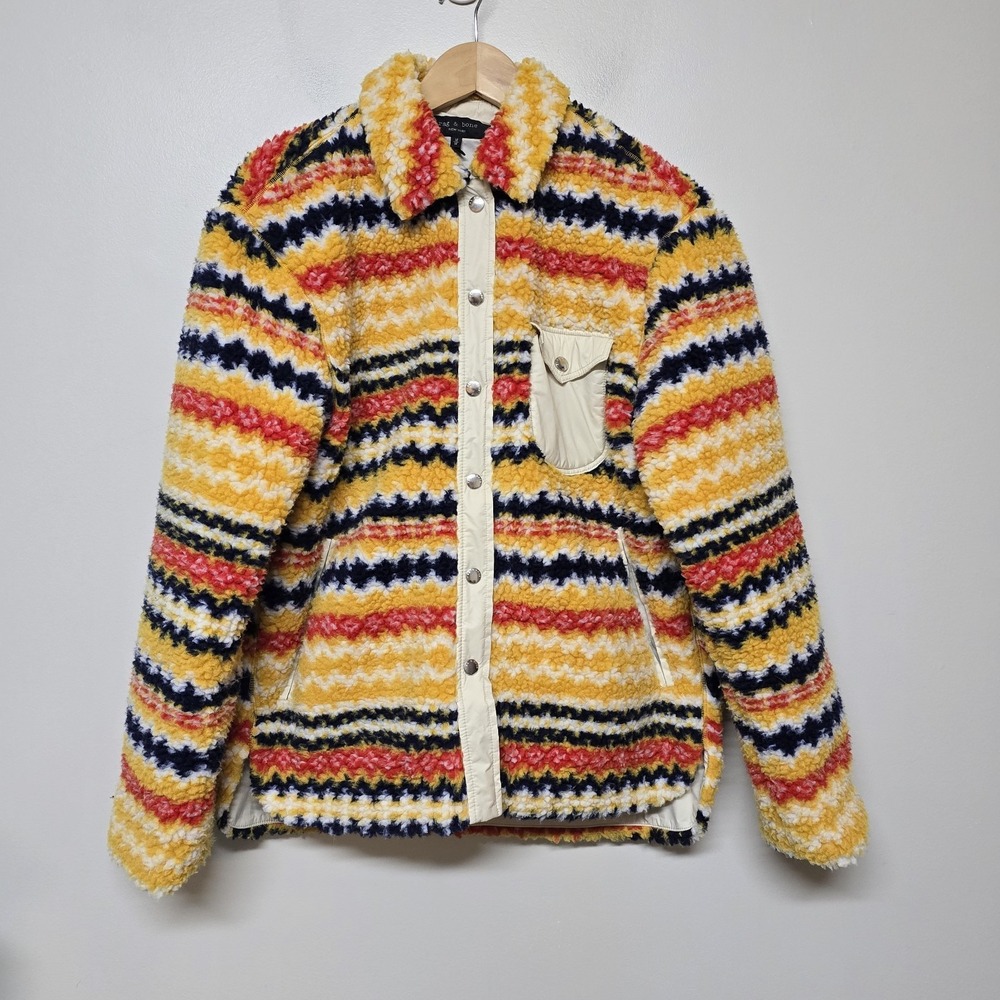 Rag & Bone Elliot Jacket Women Faux Sherpa Shirt‎ Pocket Retro Hype Core Sz M